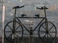 Young citizens decorated the bicycle statue with flowers in Tbilisi 