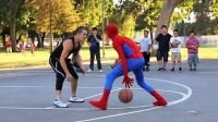 Spider-Man plays basketball with children in the park 